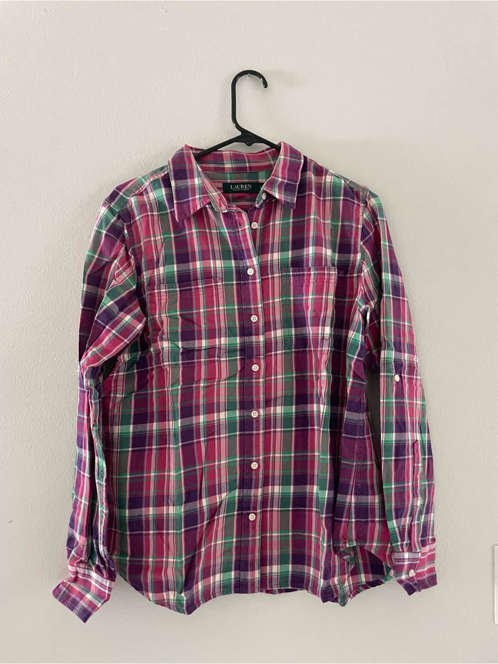 Lauren Ralph Lauren Pink and Green Plaid Button-Down Long Sleeve Shirt